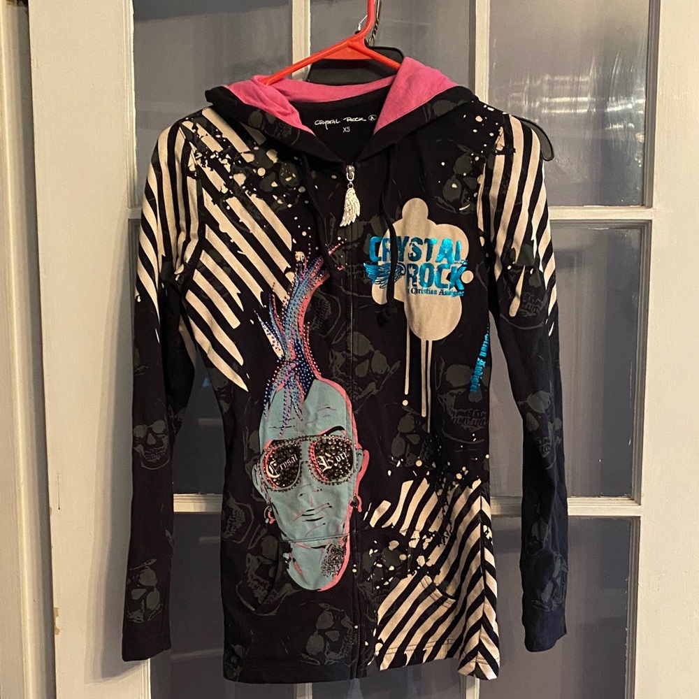 RARE Crystal Rock Womens Speciality Foil Rhinestone Hoodie Full Zip Black XS